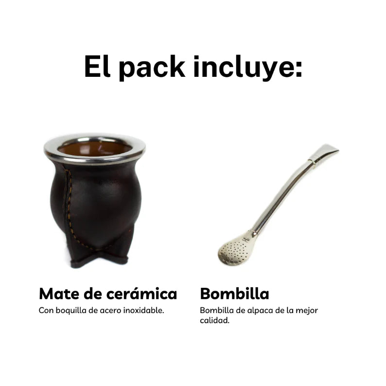 Mate de Cerámica Forrado en Cuero y Bombilla Alpaca