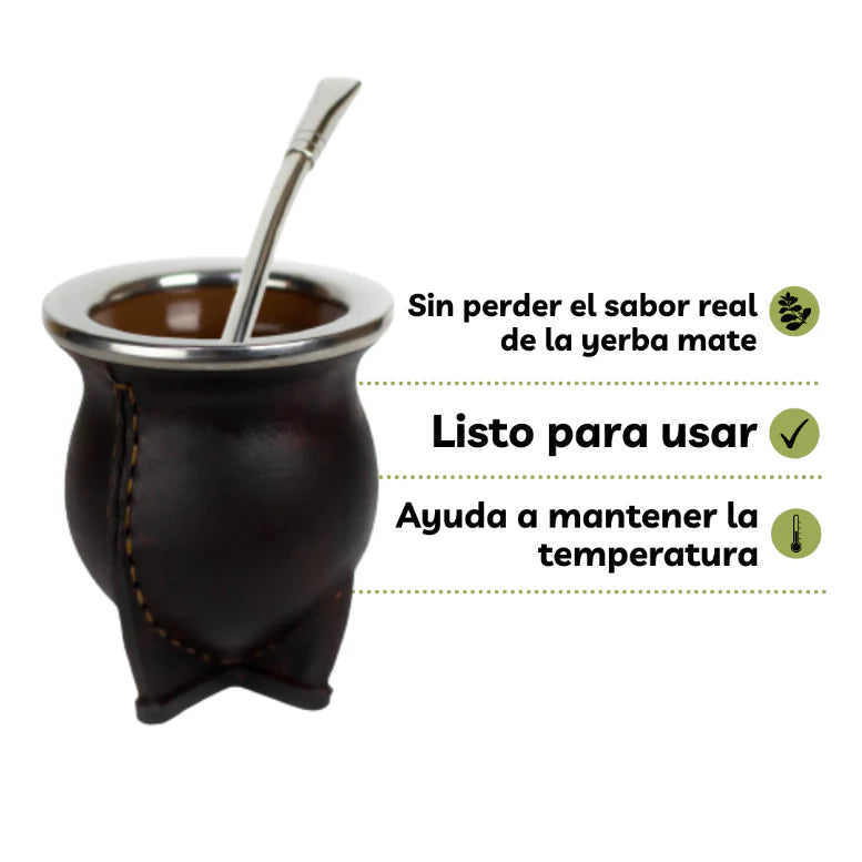 Mate de Cerámica Forrado en Cuero y Bombilla Alpaca
